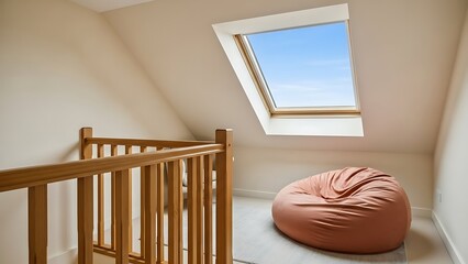 Bright and airy loft conversion featuring a cozy beanbag chair under a skylight, with a wooden banister at the top of the stairs in a modern home