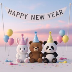 Fototapeta premium Adorable Friends' New Year Bash: Cute Bunny, Bear, and Panda Wearing Party Hats Under a Banner