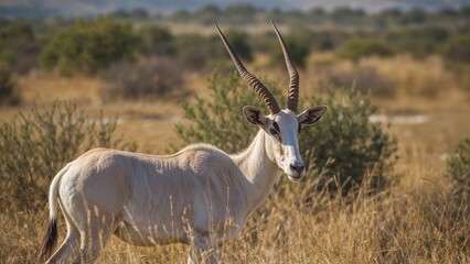 Fototapeta premium A white antelope with long, curved horns standing in a grassy savanna landscape.