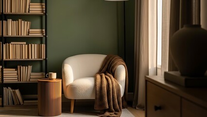 Cozy reading nook with a comfortable armchair and bookshelf in a modern living room interior with warm natural light