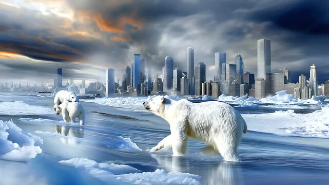 A dramatic illustration of melting polar ice caps due to global warming, with endangered polar bears struggling on shrinking ice floes, ominous dark skies and rising sea levels thr