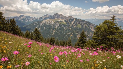 Fototapeta premium Colorful wildflowers in a meadow with mountains and clouds in the background. Nature scene, landscape, outdoor view. Scenic view of mountains and flowering meadow.