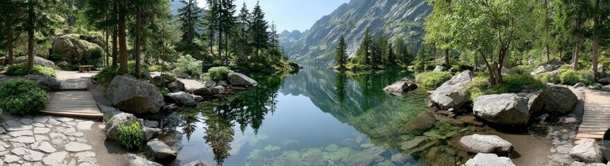 Fototapeta premium Un lugar de paz rodeado de montañas y árboles, donde la naturaleza brilla en todo su esplendor