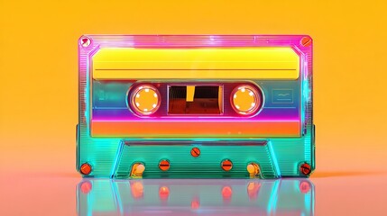Glowing neon cassette with vibrant colors, representing classic 90s music and throwback vibes