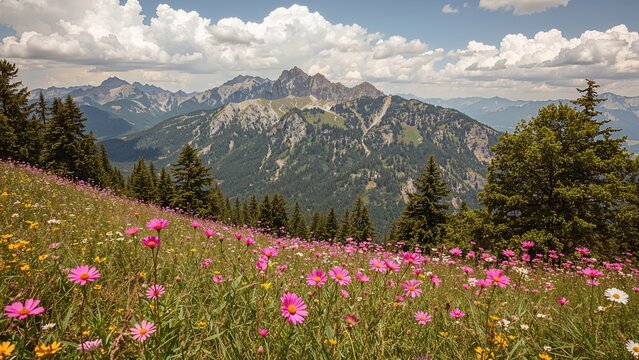 Colorful wildflowers in a meadow with mountains and clouds in the background. Nature scene, landscape, outdoor view. Scenic view of mountains and flowering meadow.