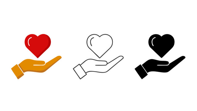 Hand holding heart icons in line, glyph, and filled styles including colorful variations trust symbol