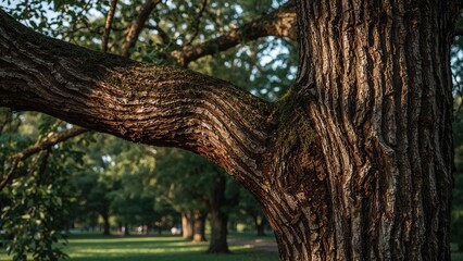 Fototapeta premium Tree trunk and branches in a park with lush green trees and grass. Nature and outdoor landscape. The environment and scenery.