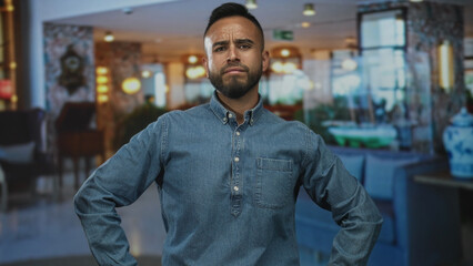 Obraz premium Man with arms akimbo in hotel lobby near reception desk wearing denim shirt and frowning at camera; doubt questioning.