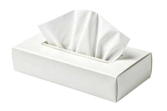 Convenient white tissue box with a folded soft paper sheet peeking out for easy access in healthcare or personal care settings