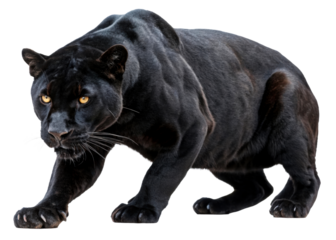 Majestic black panther crouches low with intense gaze, showcasing powerful predatory muscles ideal for wildlife themes and exotic animal concepts.
