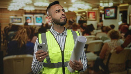 Man holding rolled plans and smartphone, wearing hi vis safety vest in building; planning determination.