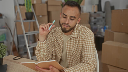 Man holding pen and notebook in building amid stacked moving boxes and ladder, reads page while holding pen near chin; planning thoughtful.
