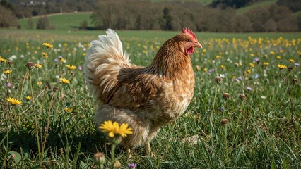 A chicken standing in a field with yellow flowers and green grass.