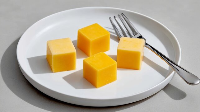 Plate of yellow cheese cubes sits on a white plate. A fork is next to the plate