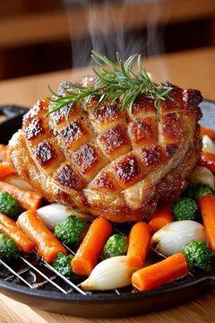 Disfrutar de un codillo de cerdo crujiente con verduras frescas y vaporosas