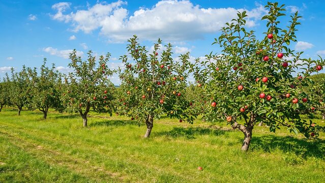 Orchard of apple trees with ripe fruit, green grass, and blue sky. Agricultural landscape and fruit farming. Nature, harvest, and rural environment.