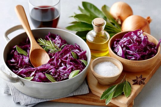 Preparaci&oacute;n de col roja en una olla con utensilios de cocina y ingredientes frescos