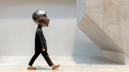 Man in a mask walks down a hallway. The mask is made of stone and the man is wearing a suit. Concept of mystery and intrigue, as the man's identity is hidden behind the mask