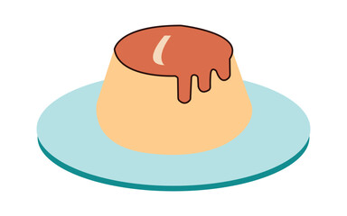 Cartoon illustration of a delicious pudding with caramel sauce isolated on white background