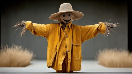 Scarecrow with a yellow shirt and straw hat is standing in a field. The scarecrow has a smile on its face and is holding its arms out to the side. Scene is lighthearted and playful