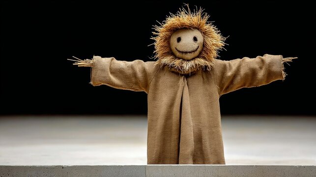 Scarecrow is standing on a stage with a smile on its face. The scene is set in a theater, and the scarecrow is dressed in a brown coat. Scene is lighthearted and playful