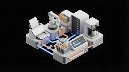 Automated office system with robotic arm server printer and coffee machine on a black background showcasing efficiency and modern technology for business processes