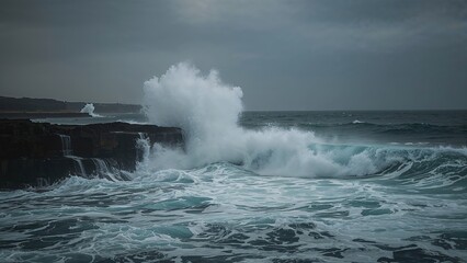 Stormy ocean waves crashing against cliffs during cloudy weather. Coastal landscape with turbulent water and high waves. The scene of rough sea and stormy weather.