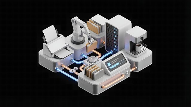 Automated office system with robotic arm server printer and coffee machine on a black background showcasing efficiency and modern technology for business processes