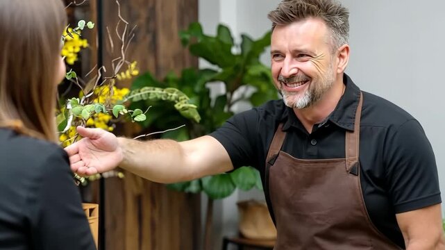 Friendly greeting between barista and customer at local cafe during morning rush in urban setting