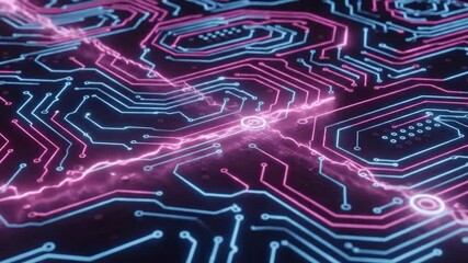 Neon circuit board lines glow with energy flowing through the pathways. - Powered by Adobe