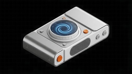Obraz premium Futuristic device with a swirling blue display and sleek silver design against a dark background showcasing modern technology and innovative design elements for product visualization