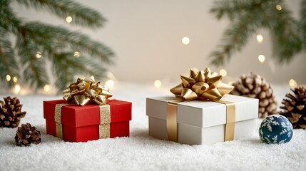 Two boxes of gifts, one red and one white, are sitting on a snowy surface. The red box has a gold bow on top, while the white box has a gold bow as well. The scene is festive and joyful