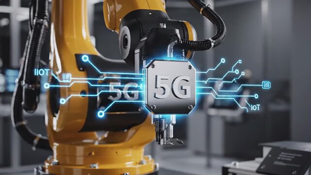 High-speed 5G network represented by robot arm holding a 5G symbol with integrated circuits. Modern robot arm depicts advanced technologies, future of communication, and automation with 5G.