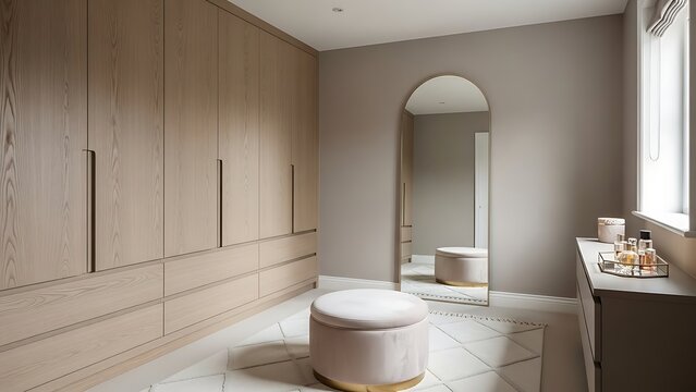 Luxurious walk-in closet interior featuring custom light wood wardrobes and elegant, minimalist modern design
