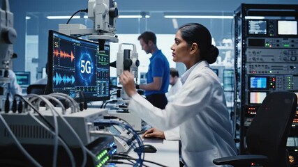 5G research depicted in laboratory with woman in white coat analyzing data on monitor. 5G research requires expertise and state of the art equipment for accurate analysis and experimentation