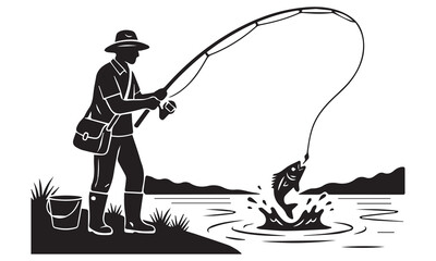 Fishing & Diving Silhouette Vector Bundle: Fisherman, Fish Hooks, Scuba Divers, and Nature Scenes Graphics