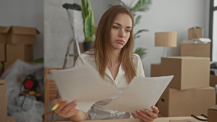 Woman reading documents with pencil and flipping pages inside building surrounded by packed boxes and ladder; uncertainty.