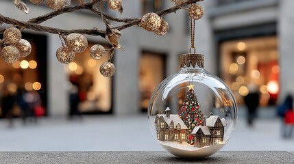 Christmas ornament in a glass ball with a tree and houses inside. The scene is set in a city with people walking around