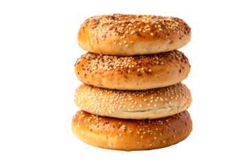 Stack of four freshly baked bagels with sesame and other seeds, perfect for breakfast or brunch imagery, appealing to food service and culinary themes.