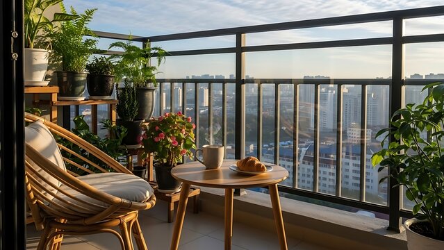 Stylish apartment balcony interior with rattan furniture, green plants, and a city view for a perfect morning