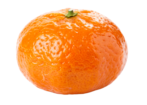 Single ripe orange tangerine fruit with textured peel and green stem shown from close perspective for healthy eating and food concept use