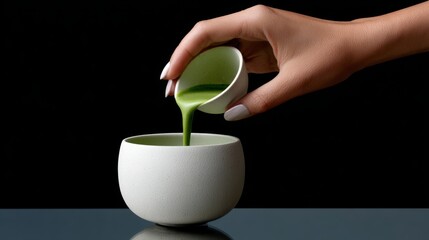 Person is pouring a green liquid into a white bowl. The bowl is placed on a table and the liquid is flowing out of the bowl