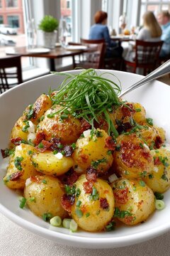 Ensalada de papa caliente con cebolla y trozos crujientes, perfecta para cualquier comida familiar