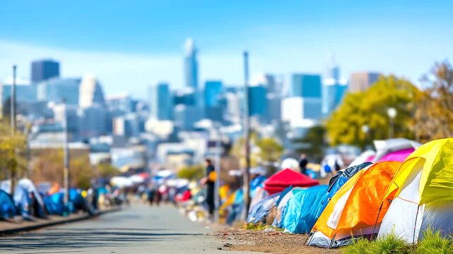 Housing crisis with skyrocketing rents, families evicted and homeless tents in cities, affordability protests, urban inequality depicted, gritty street realism, blurred background,