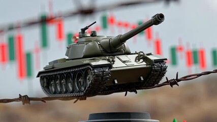 Tank poised on barbed wire with stock market graphics in the background representing conflict and economic uncertainty