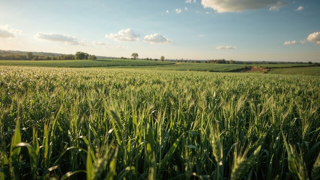A vast green field of crops under a partly cloudy sky in a rural landscape.
