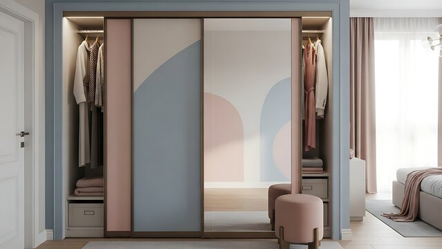 Contemporary bedroom interior featuring a stylish wardrobe with pastel geometric sliding doors and an organized closet space