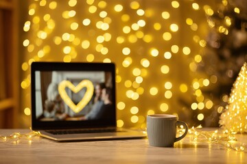 A laptop open on a colorful holiday-themed desk, soft golden lighting highlighting a heartwarming video call with loved ones during the Christmas season