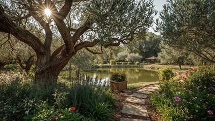 A peaceful garden scene with a large tree, a pond, and a pathway surrounded by lush plants and flowers.