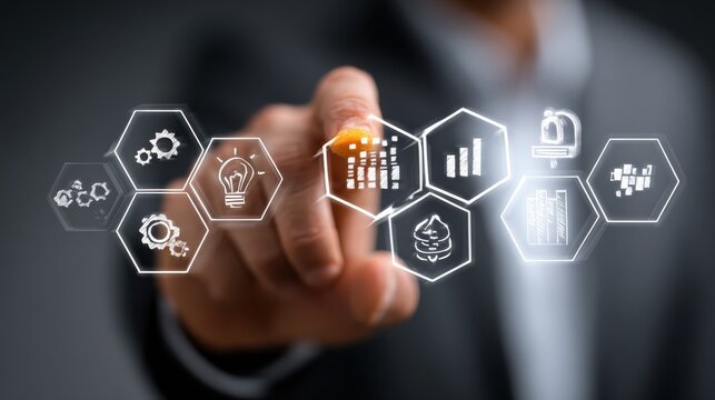 Man's finger interacting with digital business model concept hexagons displaying innovation, resources, customers, strategy and finance